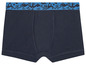 Blauwe boxershorts met een blauw-witte print.