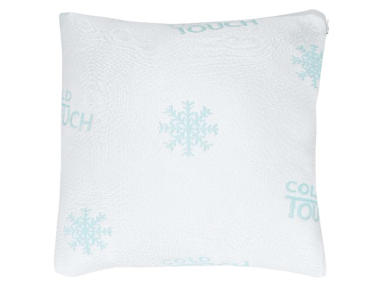 Wit kussen met blauwe sneeuwvlokken en de tekst «COLD TOUCH».