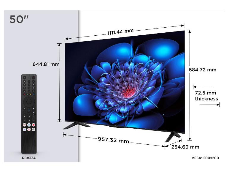 50-inch televisie met afstandsbediening en gedetailleerde afmetingen.