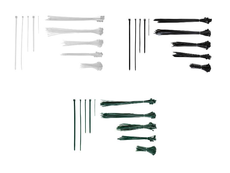 Set van witte, zwarte en groene kabelbinders in diverse maten
