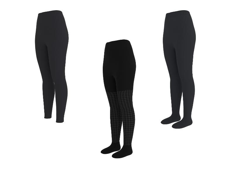 Drie paar zwarte panty's en leggings, waaronder één met pied-de-poule patroon.