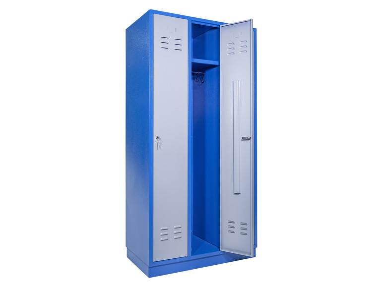 Een blauwe metalen locker met een open deur.