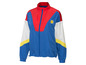Een blauwe windjack met rode en witte details en het Lidl logo.
