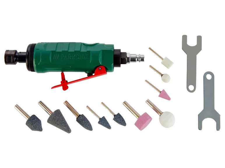 Een Parkside pneumatische slijpmachine met diverse slijpkoppen en een sleutel.