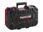 Zwart-rode Parkside Performance gereedschapskoffer met handvat.