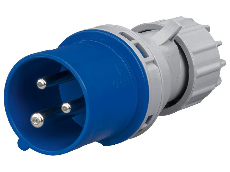 Blauwe en grijze industriële stekker met drie pinnen