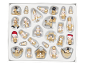 Set houten kerstboomornamenten, inclusief engelen, notenkrakers en hobbelpaarden, in goud en zilver.