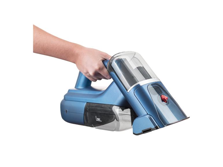 Blauwe en grijze kruimeldief, vastgehouden door een hand.