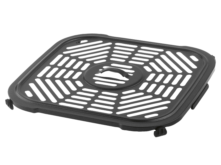 Zwart vierkant airfryer rooster met geperforeerd patroon en centrale handgreep.