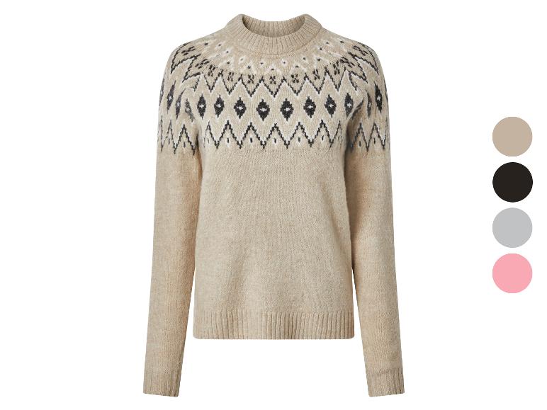 Beige gebreide trui met Fair Isle-patroon, met kleurenpalet ernaast.