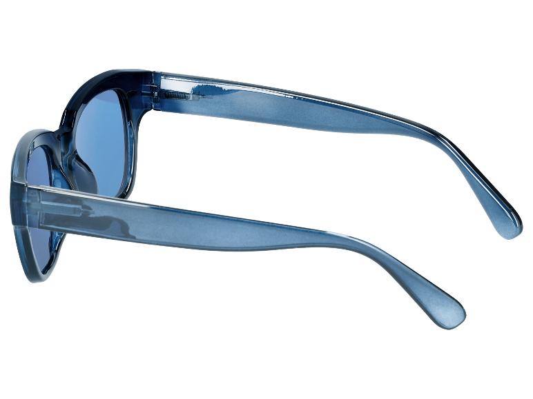 Blauwe zonnebril met blauwe glazen, zijaanzicht.