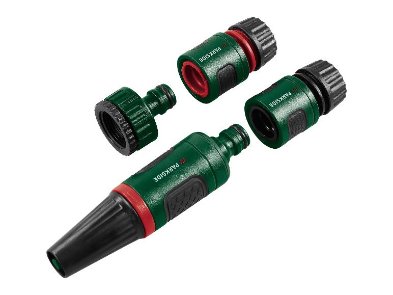 Parkside tuinset in groen en zwart met sproeimondstuk en slangkoppelingen