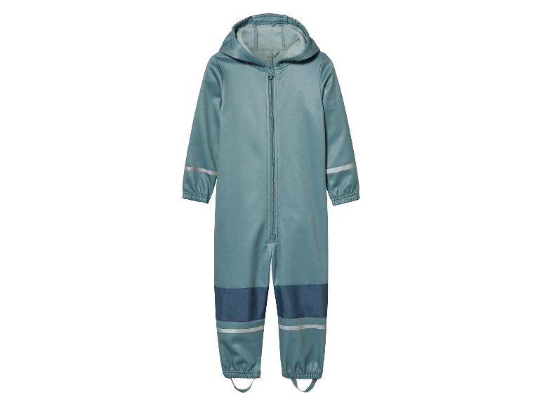 Waterdichte blauwgroene overall voor kinderen met capuchon.