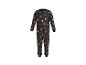 Donkere kinderpyjama met Halloween-motieven: pompoenen, spinnenwebben, spinnen en dinoschedels.