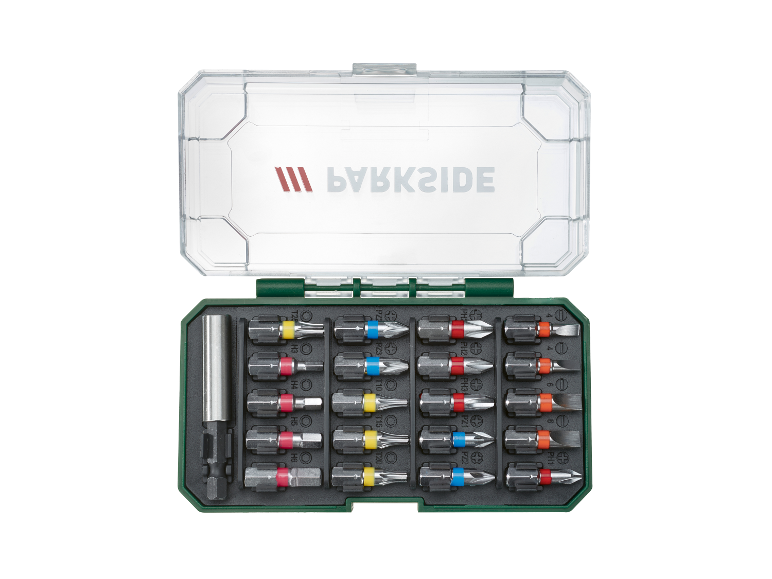 Parkside schroevendraaier bits set in een transparante kunststof opbergdoos.