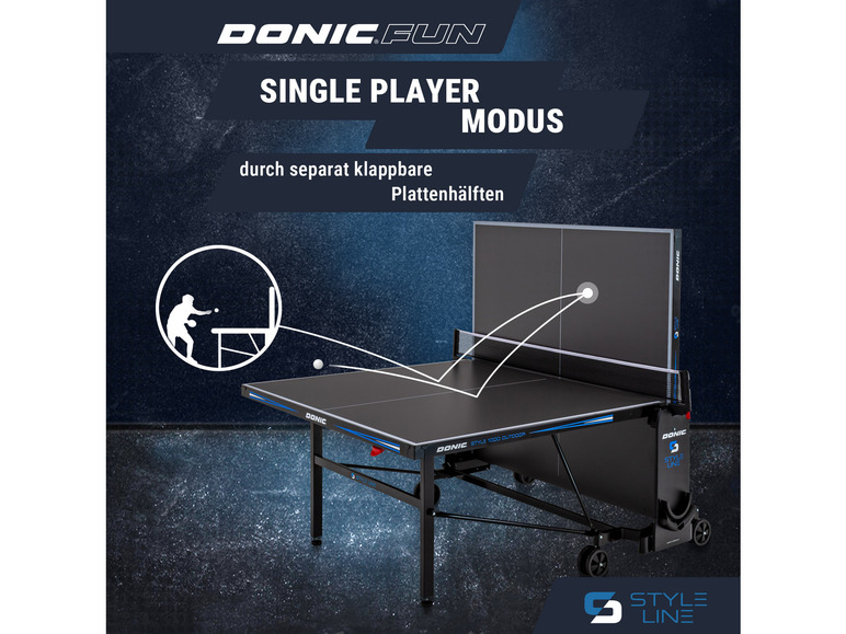 Een Donic Style 1000 Outdoor tafeltennistafel voor eenpersoonsgebruik.