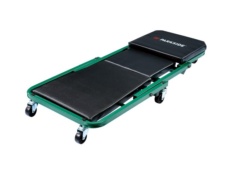 Groene Parkside werkplaatsligkar met zwarte bekleding.