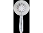 Transparante ronde douchekop met LED-verlichting en chromen handvat.