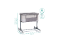 Grijze babywieg met gaaszijden, verstelbare hoogte (80-84 cm), lengte 90 cm, breedte 67,5 cm, weegt 6,9 kg, voor baby's tot 9 kg.