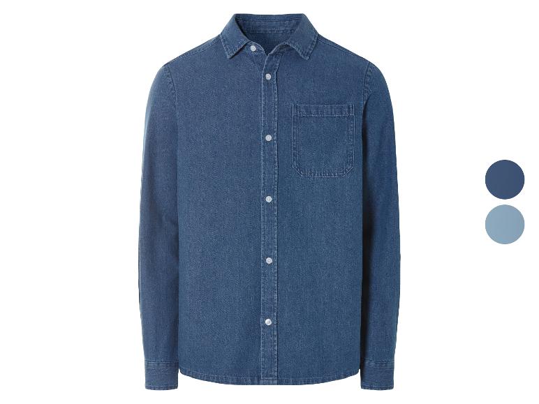 Donkerblauw denim overhemd, klassieke pasvorm.