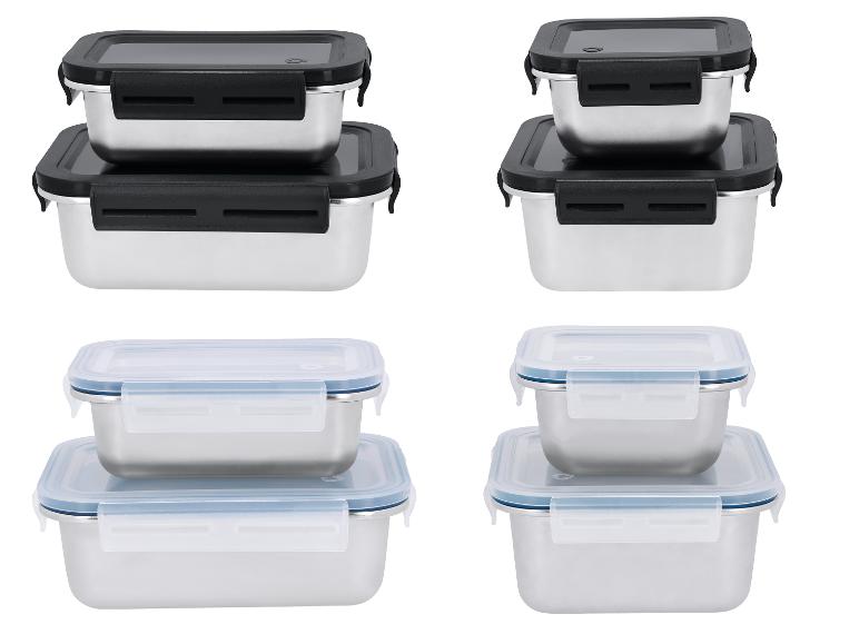 Roestvrijstalen voedselcontainers met zwarte en transparante plastic deksels, in diverse maten.