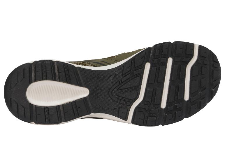 Zool van een groene sportschoen met zwart profiel en witte accenten.