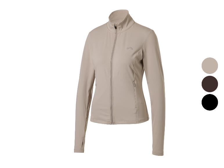 Beige sportjack voor dames met rits en logo.
