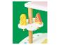 Houten speelgoedstandaard met hotdog en watermeloen.