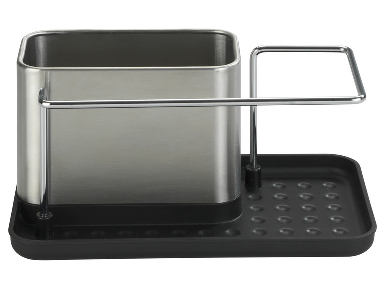 Een zilveren bestekbak met een zwarte afdruipbak.