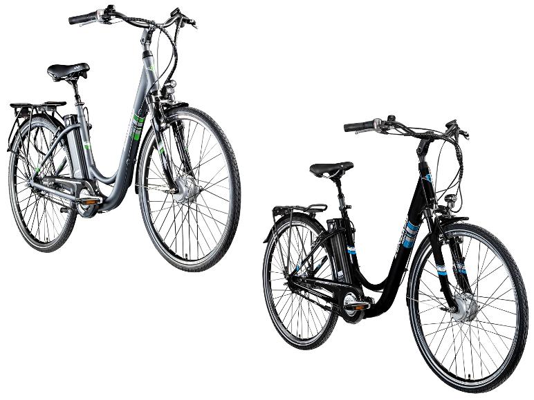 Twee elektrische fietsen, een grijze en een zwarte, op een witte achtergrond.