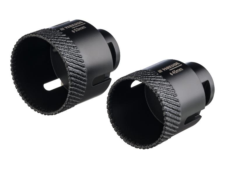 Twee zwarte diamantboren, één van 53 mm en één van 45 mm