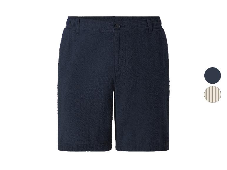 Geruite shorts van gegolfd materiaal, donkerblauw en andere gestreepte kleuren.