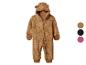 Bruine pluizige baby romper met capuchon met berenoren en rits.