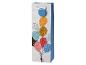 Witte cadeauzak met kleurrijke ballonnen en glitterdetails, met een wit linten handvat.