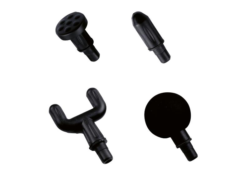 Vier zwarte massagekoppen voor massagepistool, waaronder een platte, een U-vormige, een bal en een meerpuntskop.