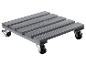 Grijze plantenroller van hout met vier wielen, waarvan twee met rem.