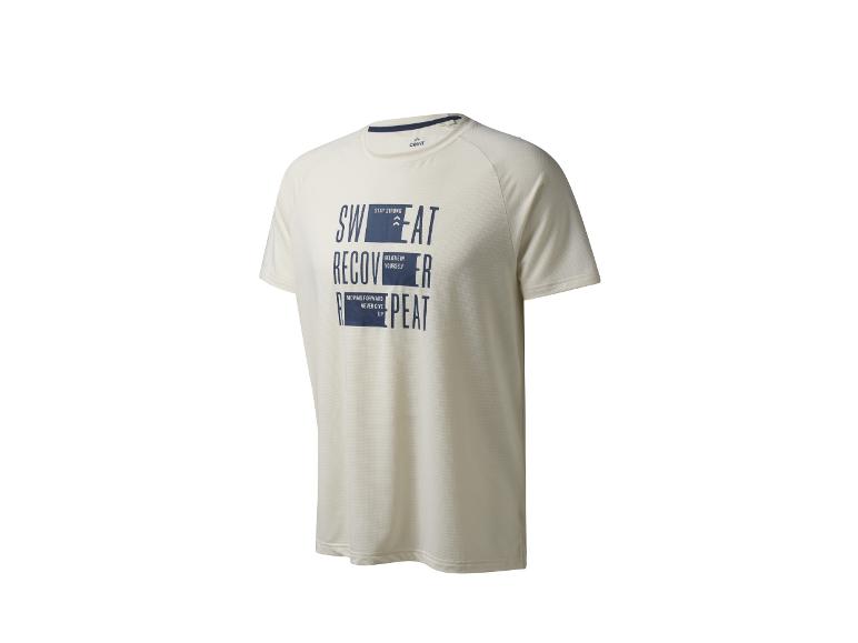 Een beige T-shirt van Crivit met de tekst 'Sweat, Recover, Repeat'