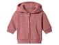 Roze babyhoodie met rits en zakken.