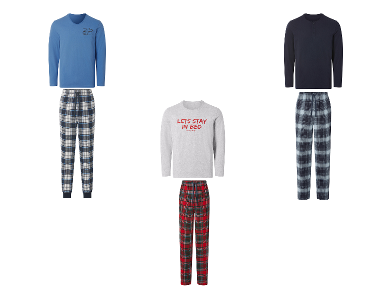 Drie herenpyjamasets, met shirts met lange mouwen en geruite broeken.