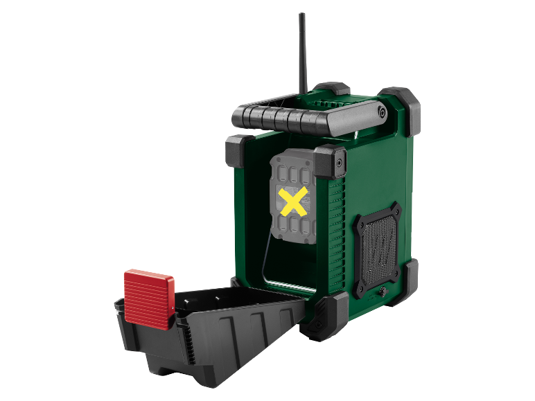 Draagbare Bosch radio met gereedschapsvak.