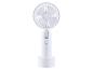 Witte, oplaadbare handventilator met standaard.