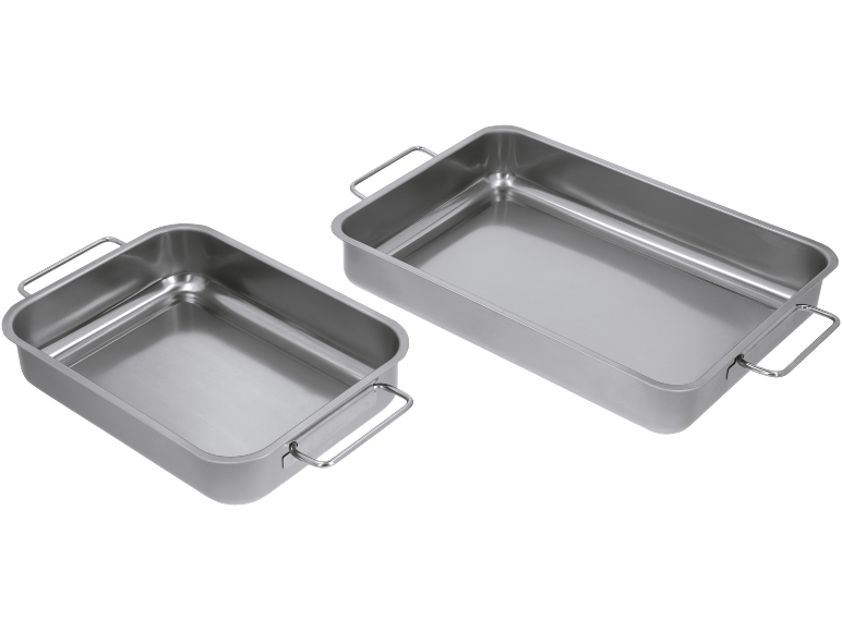 Twee rechthoekige roestvrijstalen ovenschalen met handvatten, een grote en een kleinere.
