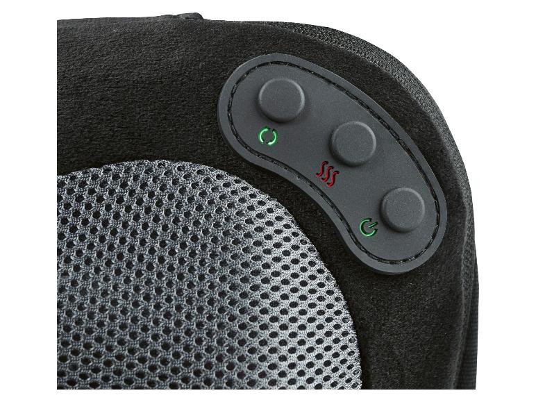 Close-up van een zwart massagekussen met bedieningsknoppen en gaasstof.