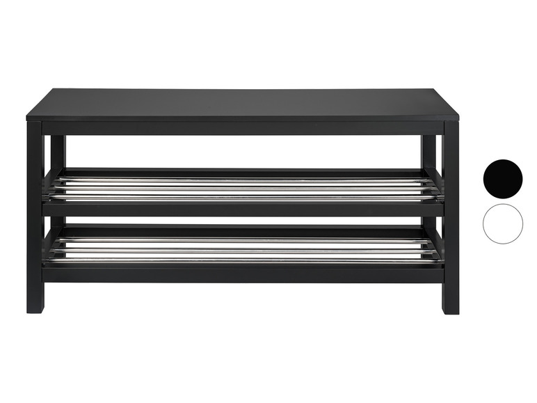 Een zwarte schoenenrek met een zitbank en twee metalen planken.