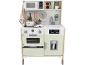 Houten speelkeuken met magnetron, oven, koelkast en gootsteen.