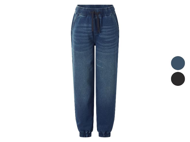 Blauwe kinderjeansjoggers met elastische tailleband en trekkoord.
