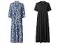 Twee maxi-jurken: één blauw met ikat-patroon en één effen zwart.