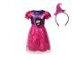 Paarse en roze Halloween-jurk voor kinderen met hondenprint en bijpassende heksenhoed.