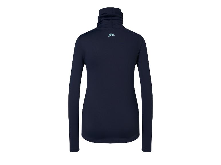 Donkerblauw shirt met lange mouwen en colkraag met lichtblauw logo op de rug.
