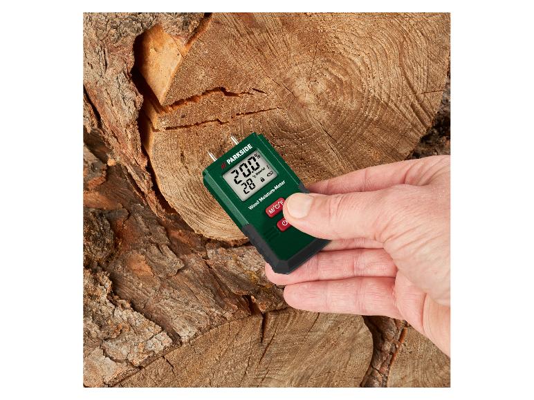 PARKSIDE houtvochtmeter toont 20,0% vochtigheid en 28°C